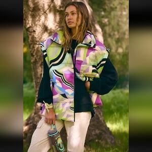 Free People Movement In A Bubble Printed Puffer Vest Zip White Lime Blk Nwot